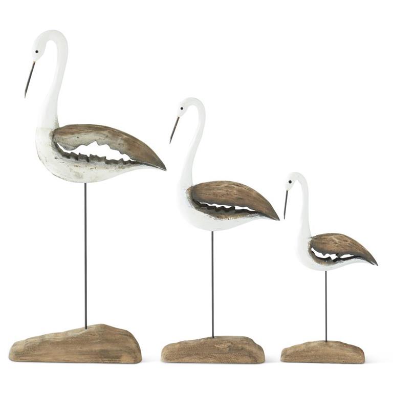 Set of 3 Whitewashed Paulownia Wood Shore Bird Sculptures on Stands – Coastal Home Decor