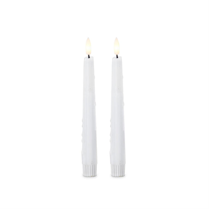Set of two white 8-inch LED flickering drip taper candles with timer