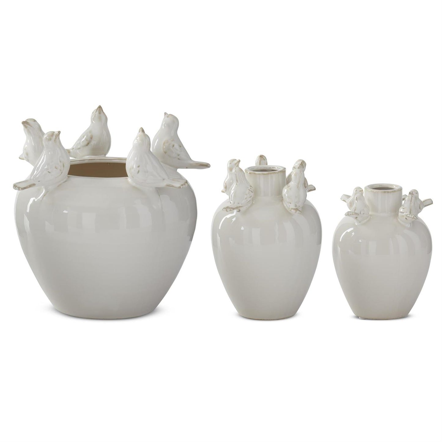Set of 3 Cream Ceramic Bird Rim Vases