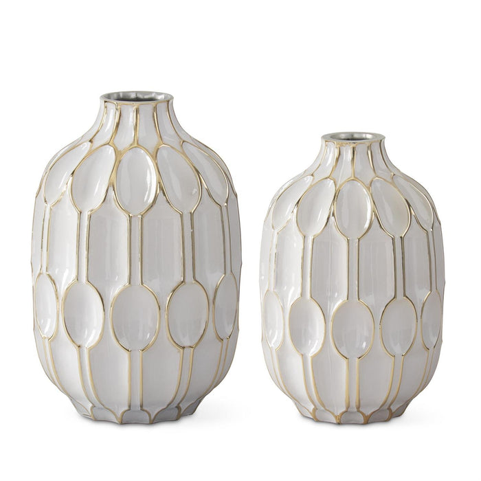 Set of two white glass oval vases with gold embossed detailing
