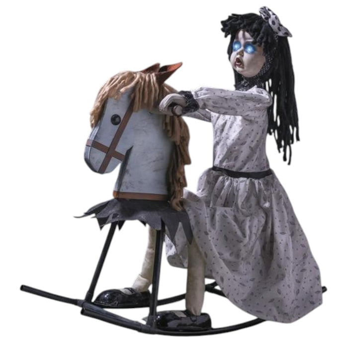 28.25-inch creepy girl on wooden rocking horse Halloween decoration with light-up eyes