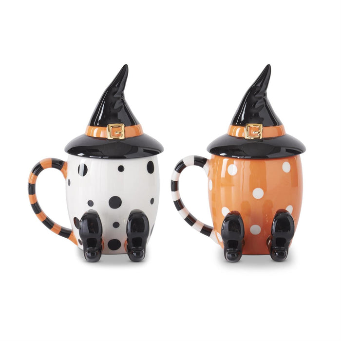 Halloween witch hat ceramic mugs with orange and white polka dot designs