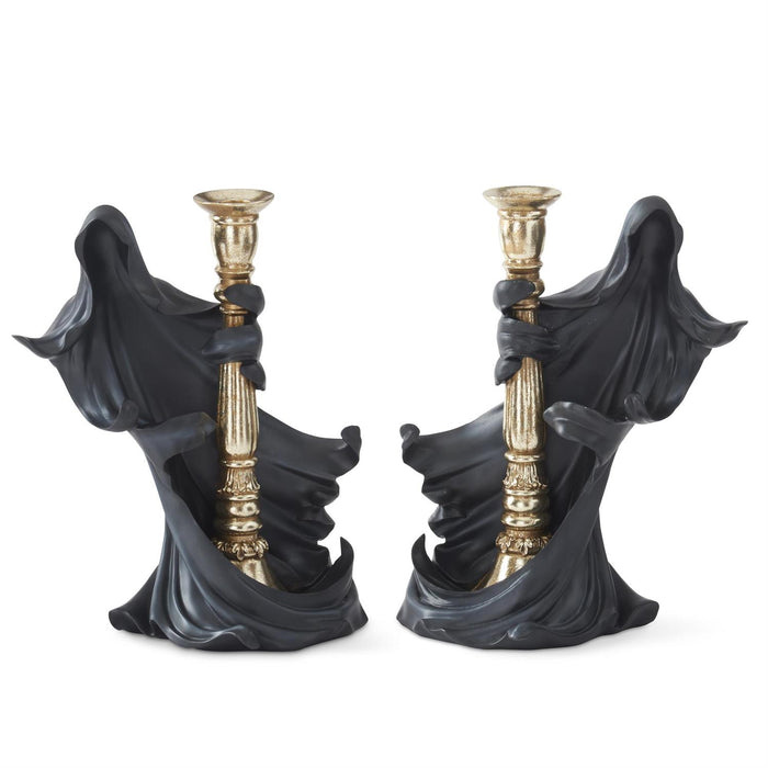 Set of 2 Black Draped Ghost Holding Gold Taper Candleholders