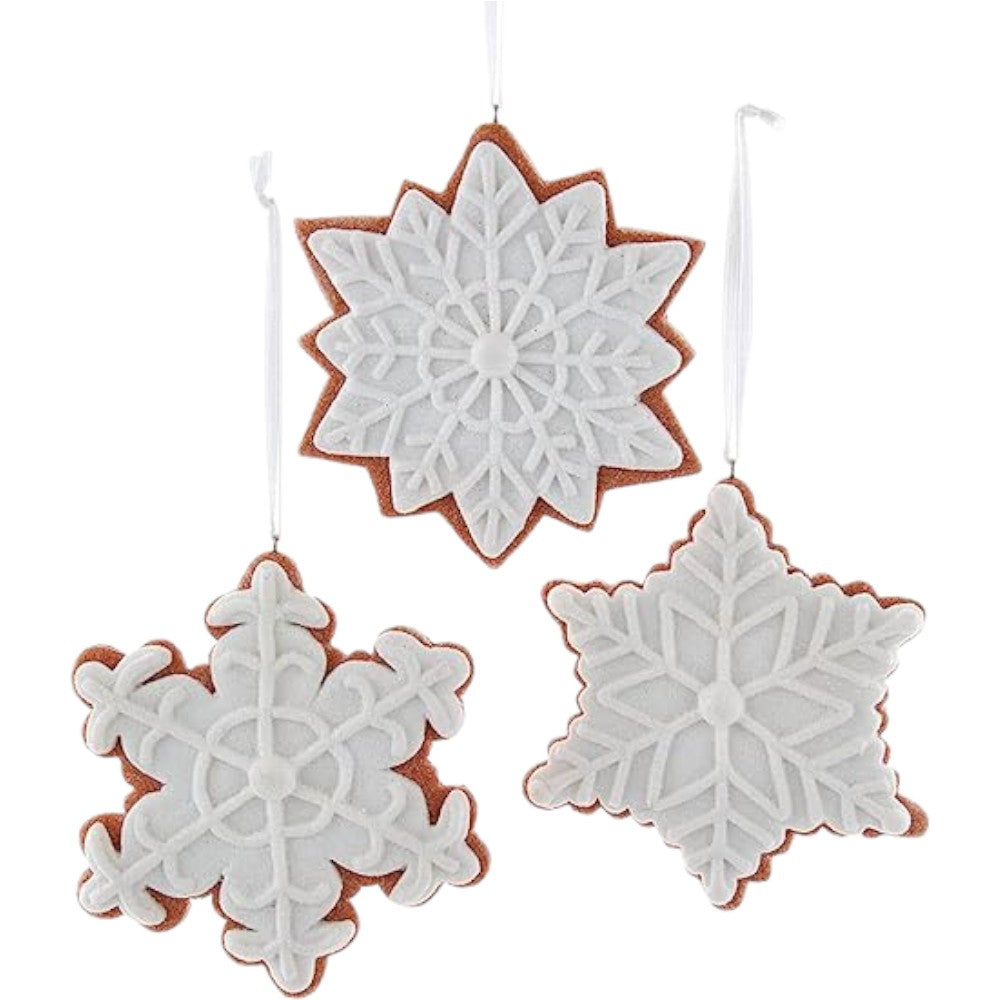 4" Gingerbread White Iced Snowflake Ornaments - Set of 3 Assorted Elegant Christmas Decorations