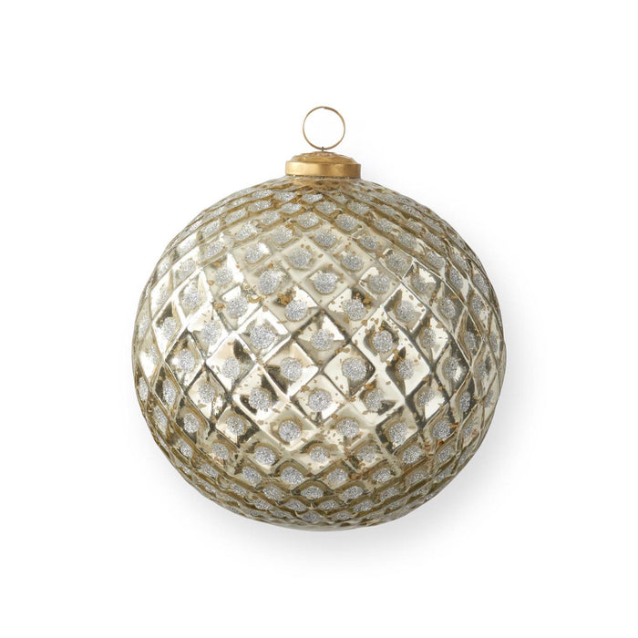 8.0" Handmade Gold Glitter Diamond Glass Ornament – Large Vintage Embossed Round Christmas Decoration
