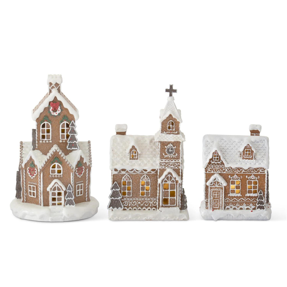 Set of three resin gingerbread LED Christmas village houses with timer