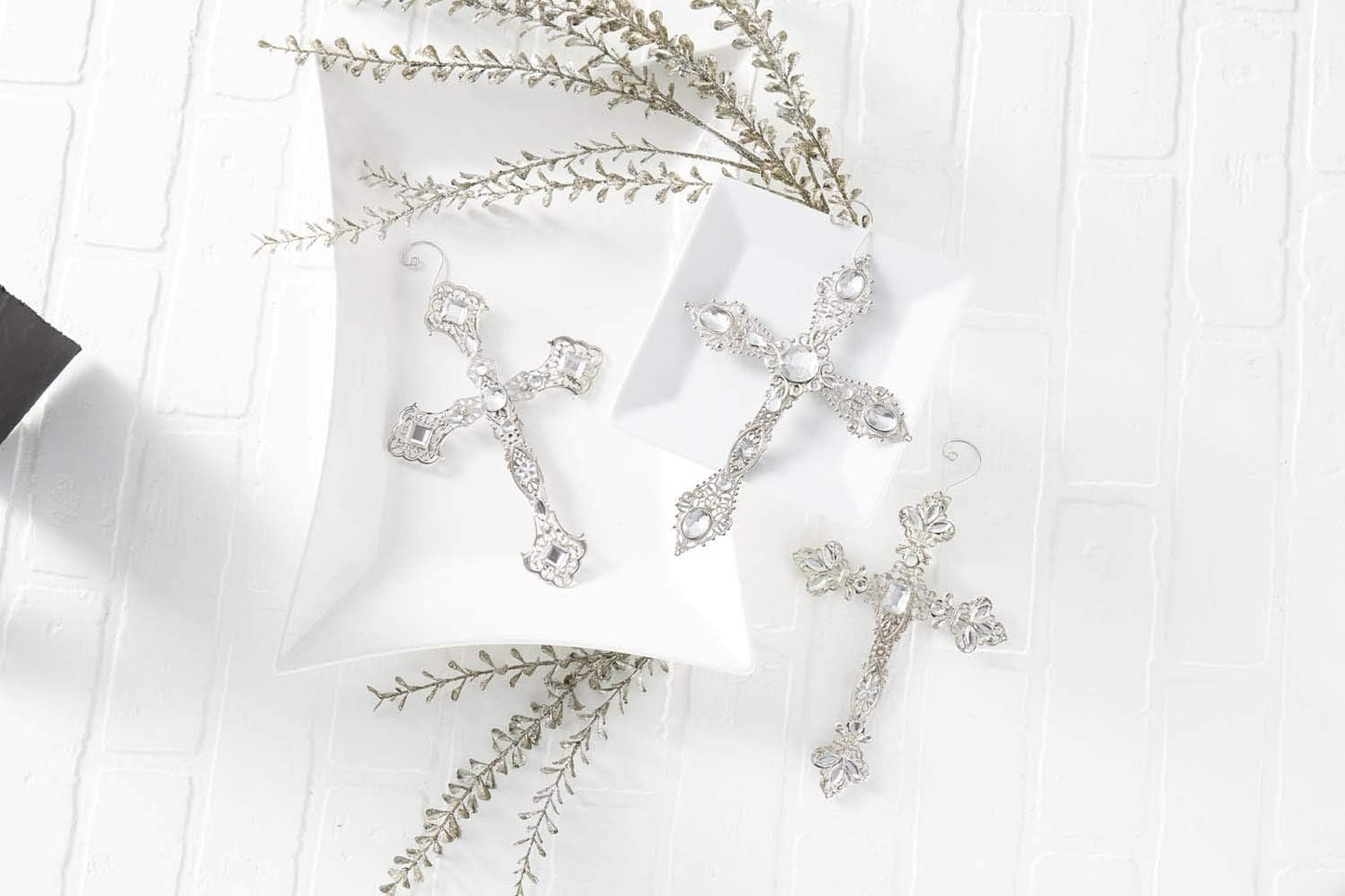 10" Two-Sided Cross Ornaments with Rhinestones – Elegant Christmas Decorations