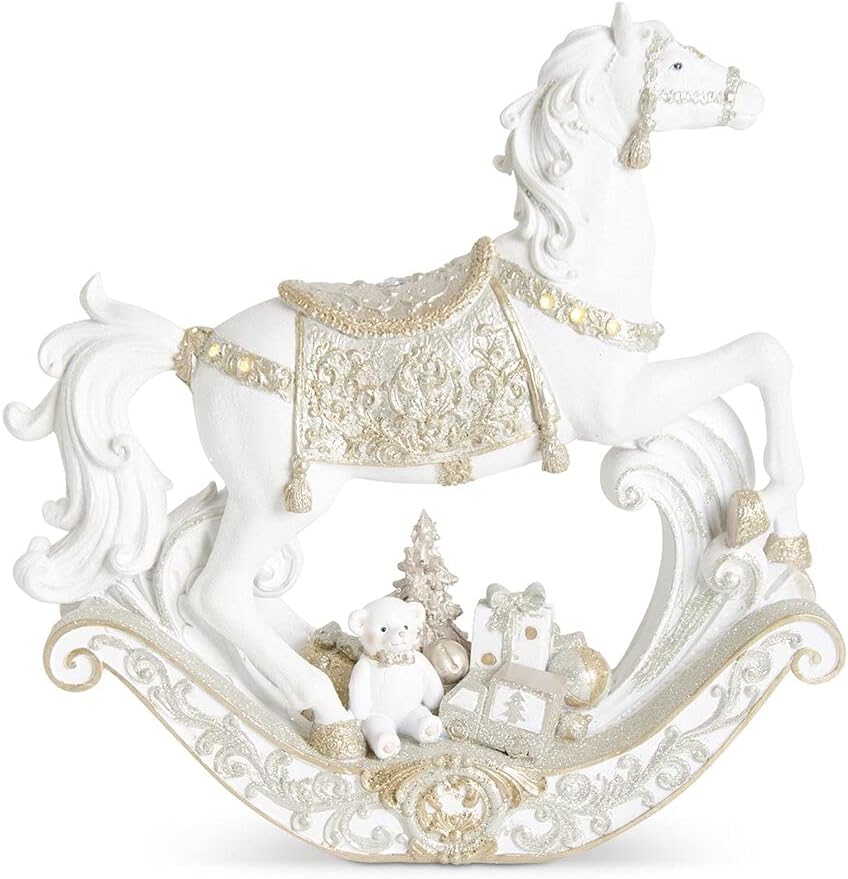 15.75" White, Gold, and Silver Rocking Horse with Timer – Elegant Christmas Decoration