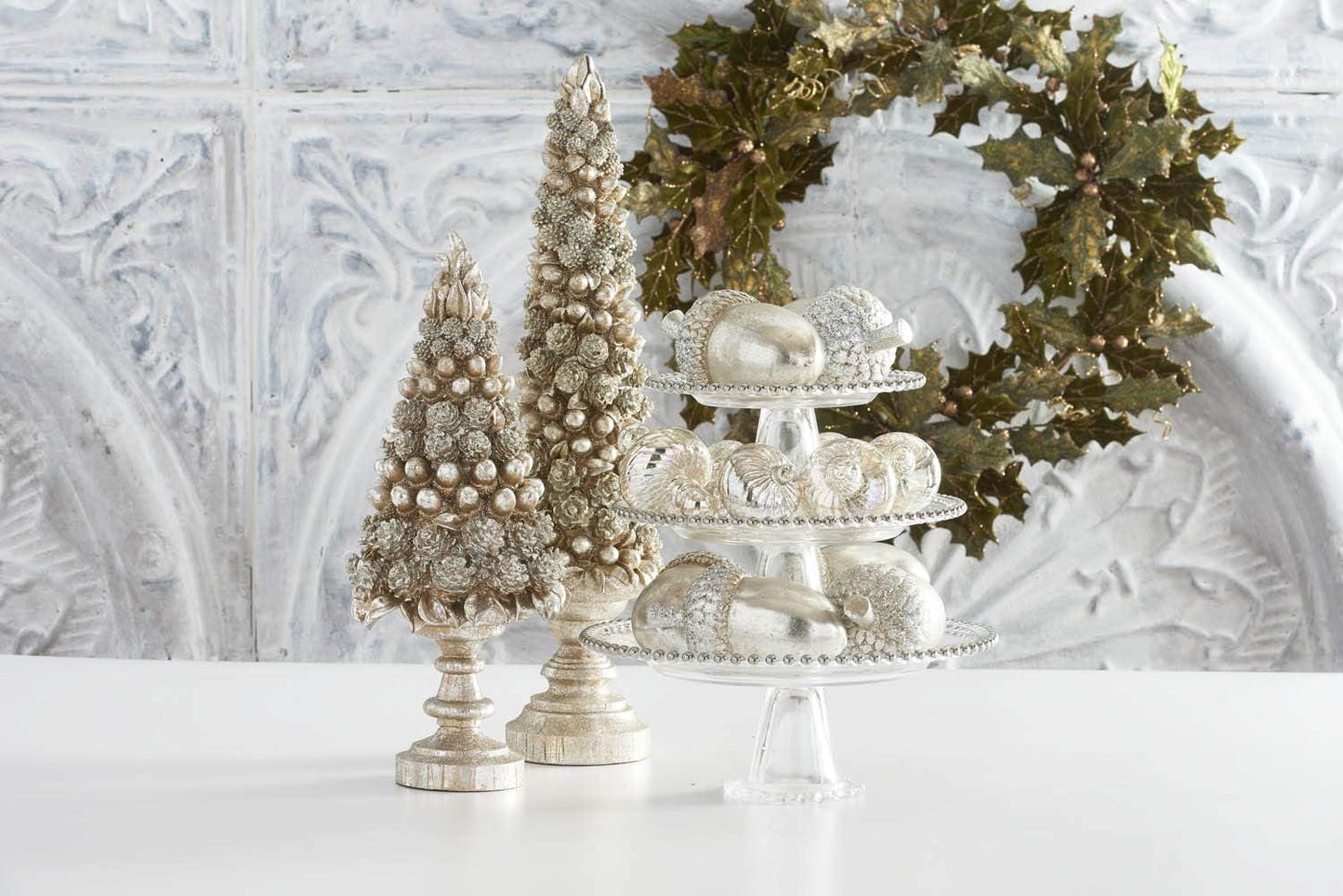 22.5" Gilded Christmas Pinecone and Acorn Trees on Pedestals – Elegant Holiday Decor