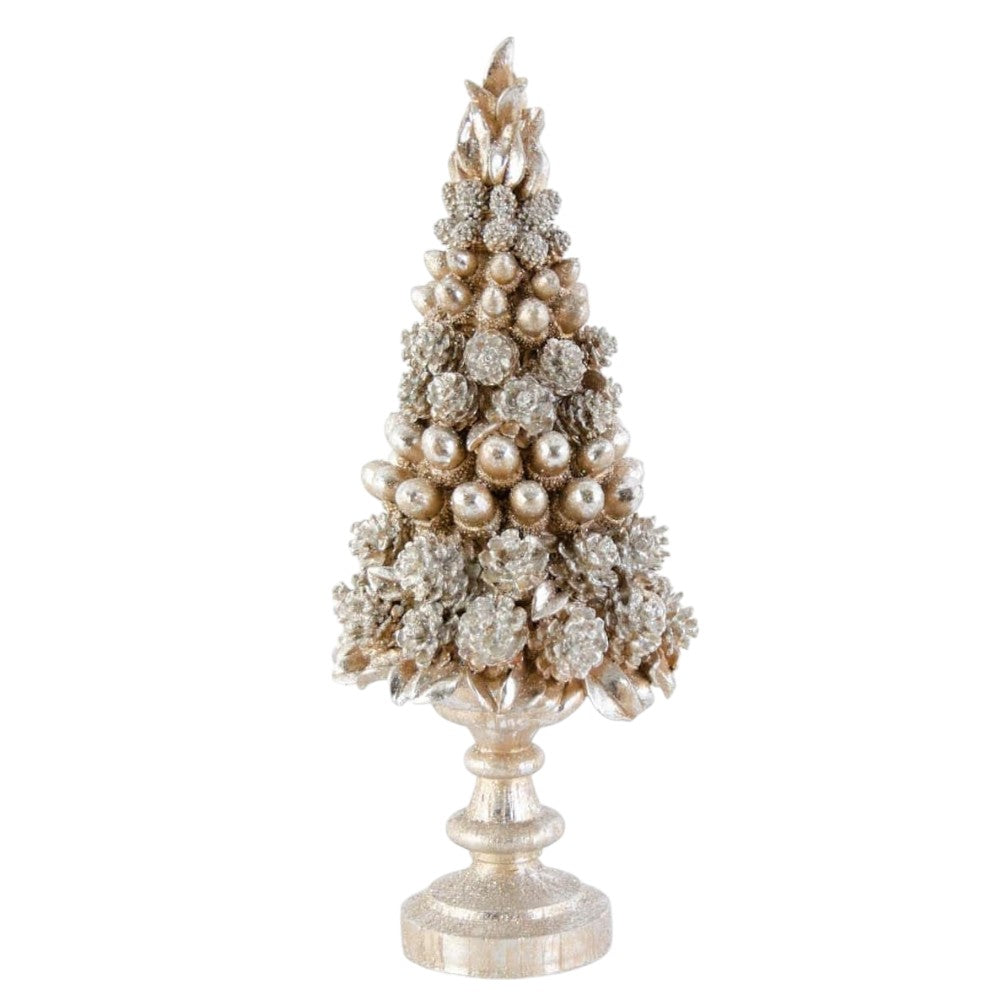 22.5" Gilded Christmas Pinecone and Acorn Trees on Pedestals – Elegant Holiday Decor