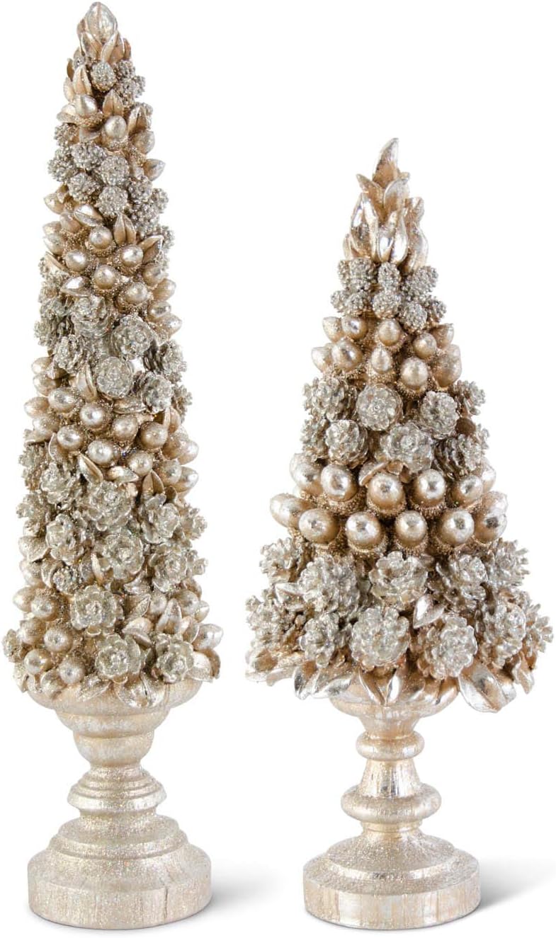 22.5" Gilded Christmas Pinecone and Acorn Trees on Pedestals – Elegant Holiday Decor