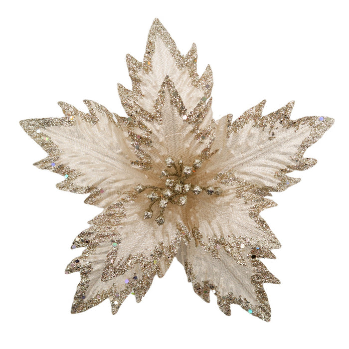 10" Off-White Velvet Poinsettia with Gold Trim