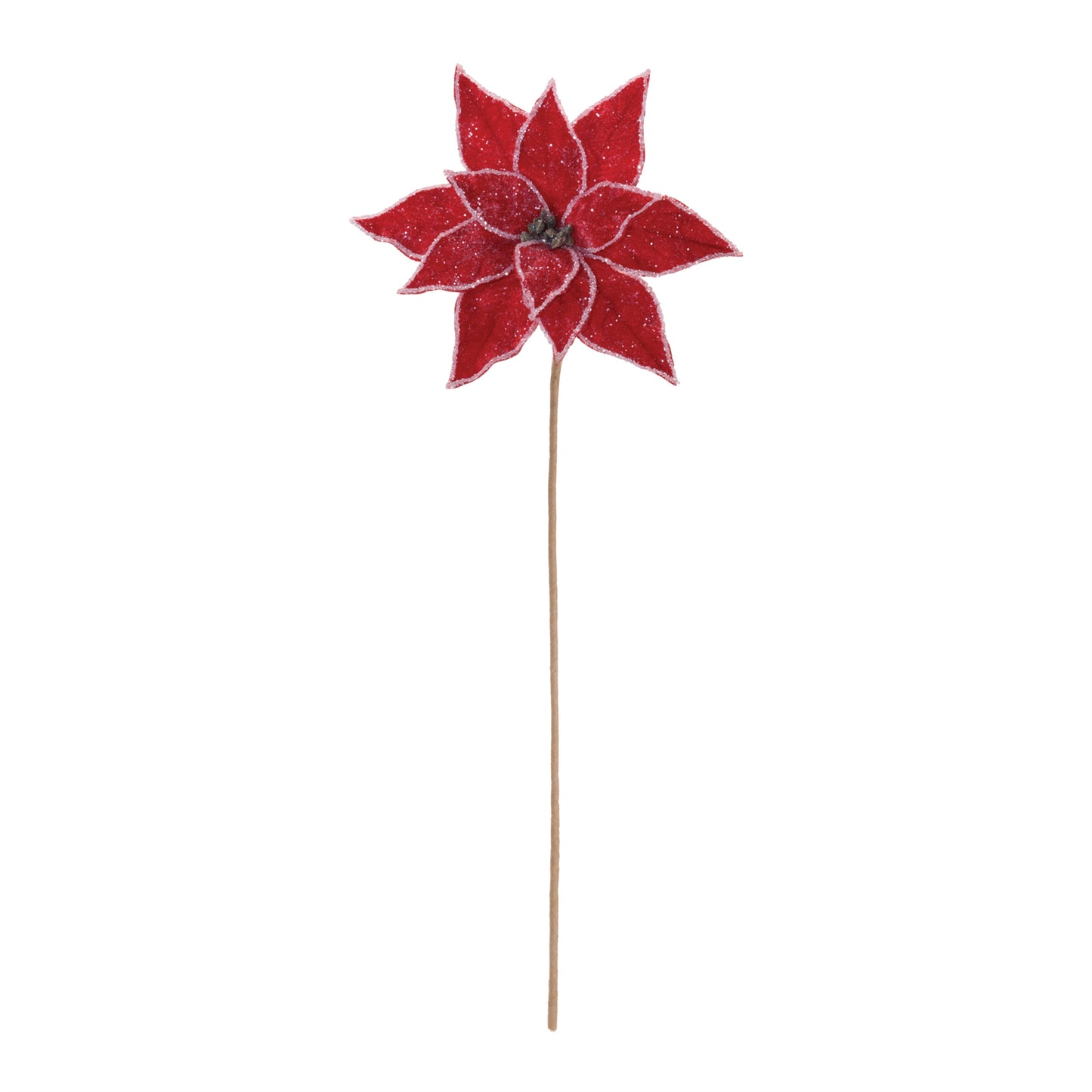 Velvet Red Poinsettia Stem with Glitter Edges – 22" Christmas Floral Pick