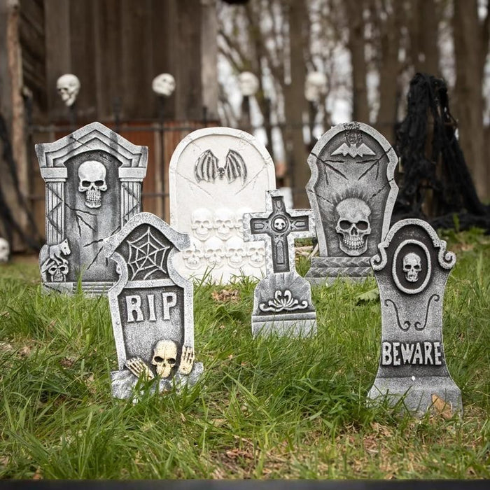 Six-piece Halloween foam tombstone set with bats skulls and RIP designs