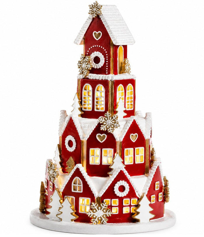 16.5-inch red LED Christmas village church tabletop decoration