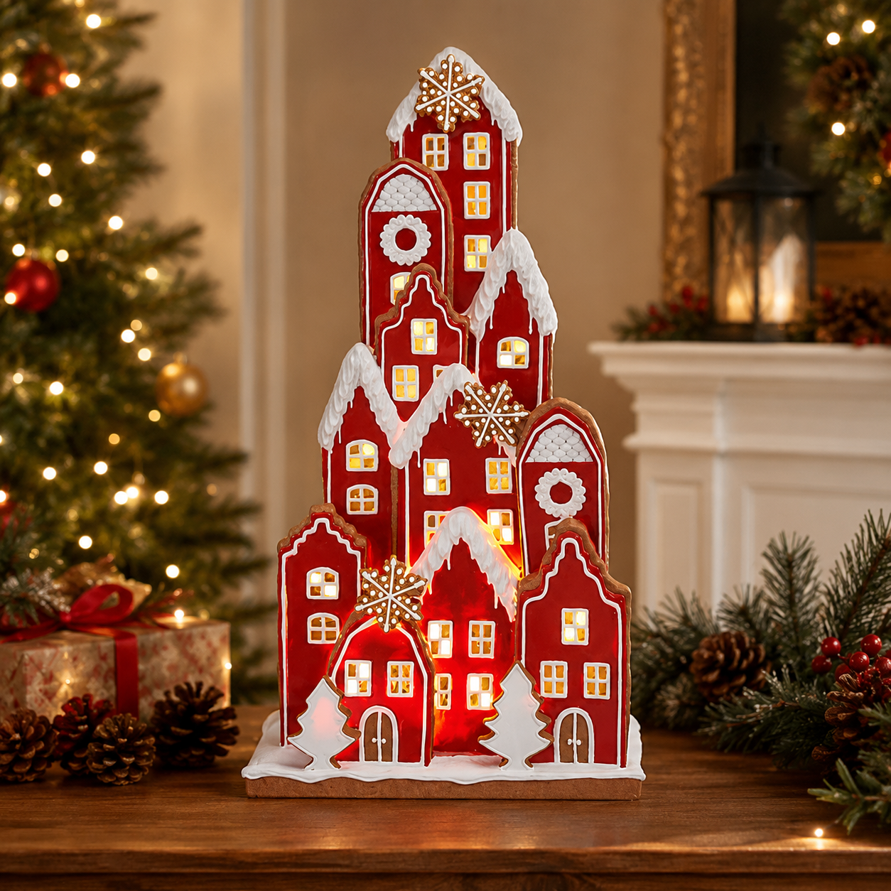 18.5" LED Lighted Red Christmas Village with Timer – Illuminated Holiday Tabletop Décor