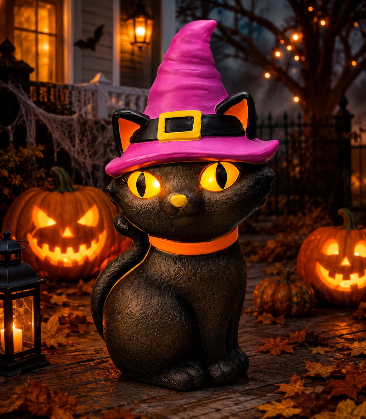11" LED Light-Up Black Cat with Witch Hat Blow Mold Halloween Decoration