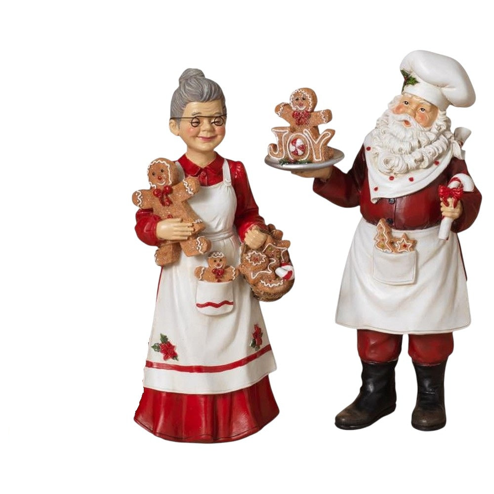 Hand-Painted 12" Mr. & Mrs. Claus Gingerbread Baker Figurine Set – Christmas Kitchen Décor, Holiday Tabletop Decoration