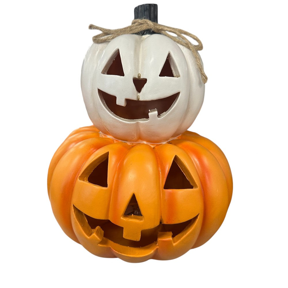 16" Light-Up Stacked Halloween Pumpkins – White & Orange Jack-o'-Lanterns with Rustic Charm