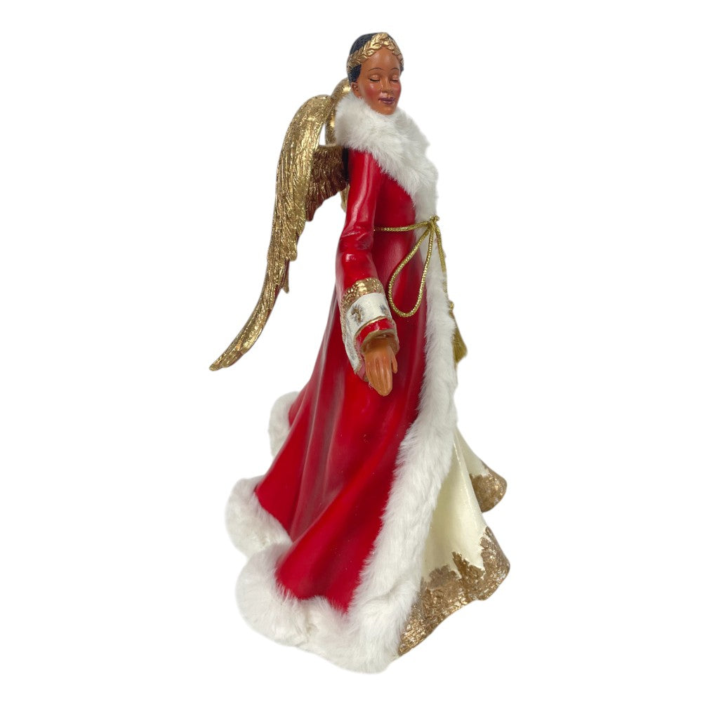 12" African American Christmas Angel Figurine in Red and Gold - Elegant Holiday Decor