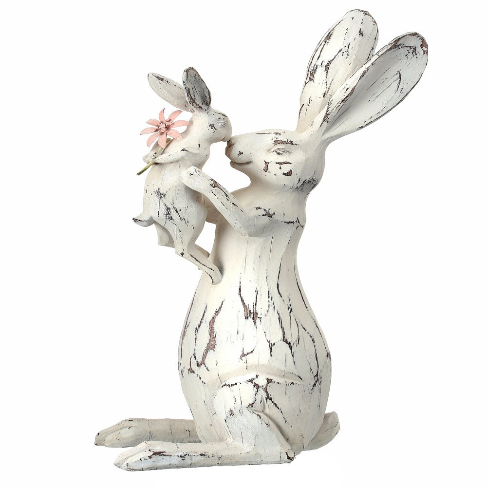 15" Handcrafted Bunny Kissing Figurine – Distressed White Rabbit Statue with Baby and Flower