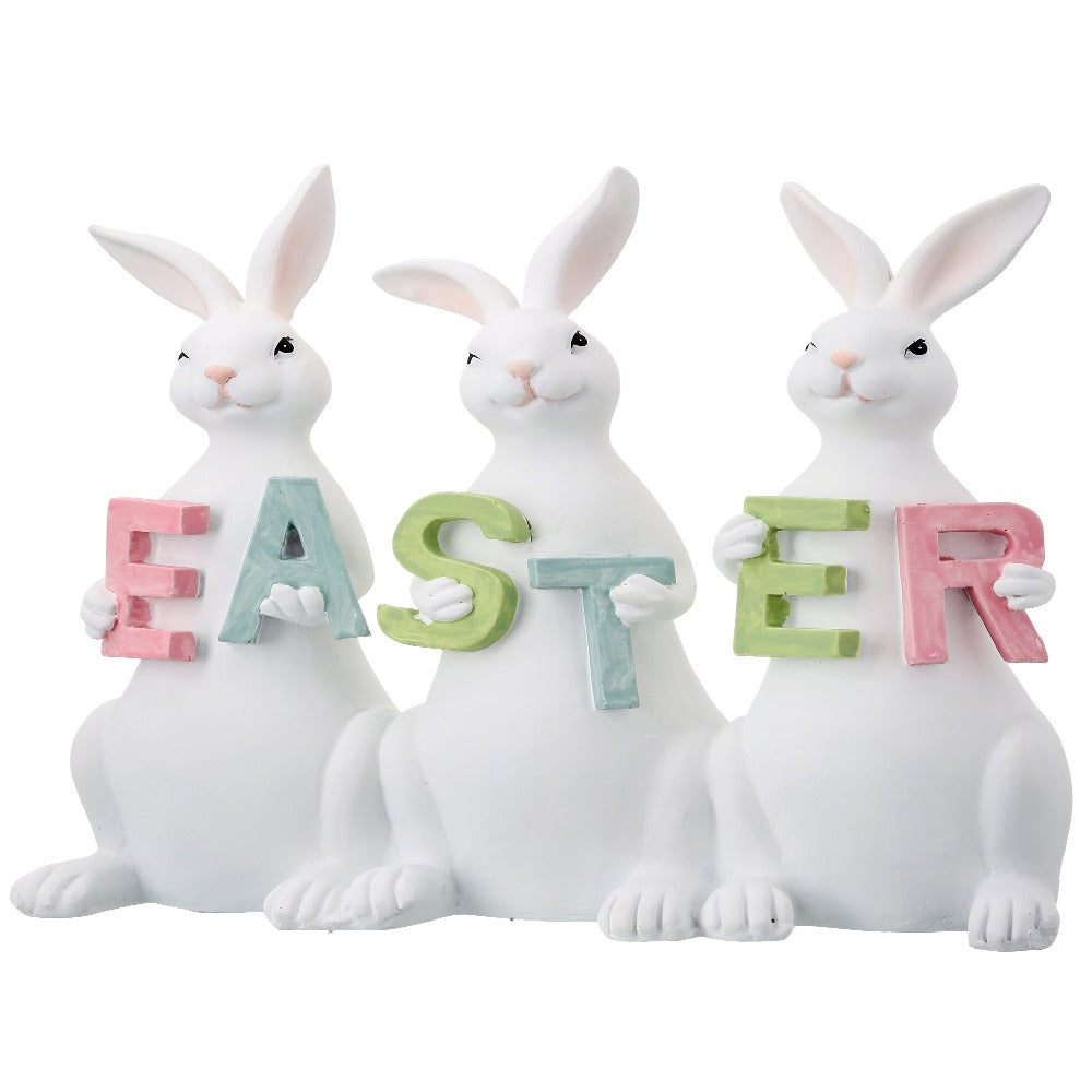 8" Easter Bunny Trio Figurine – Pastel Letter Holding Rabbits Spring Decoration