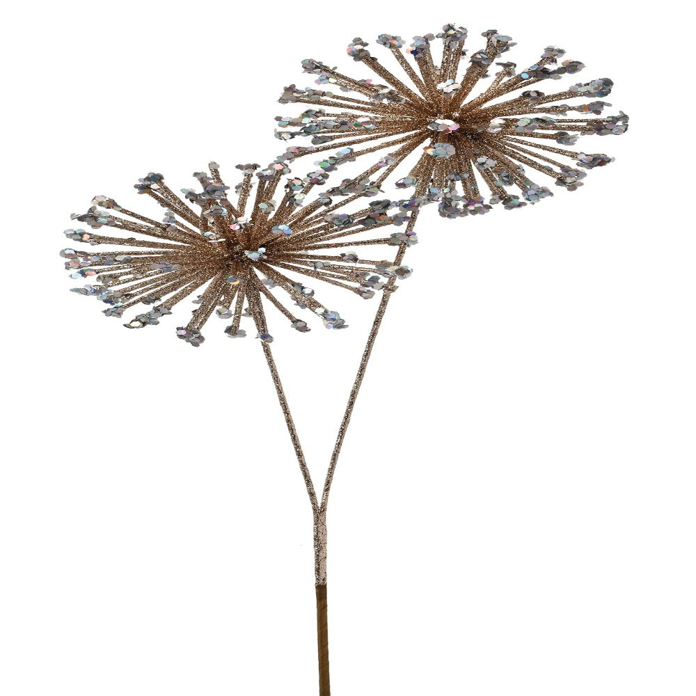 24" Platinum Glitter Sequin Double Starburst Ball Spray – Festive Christmas Floral Pick