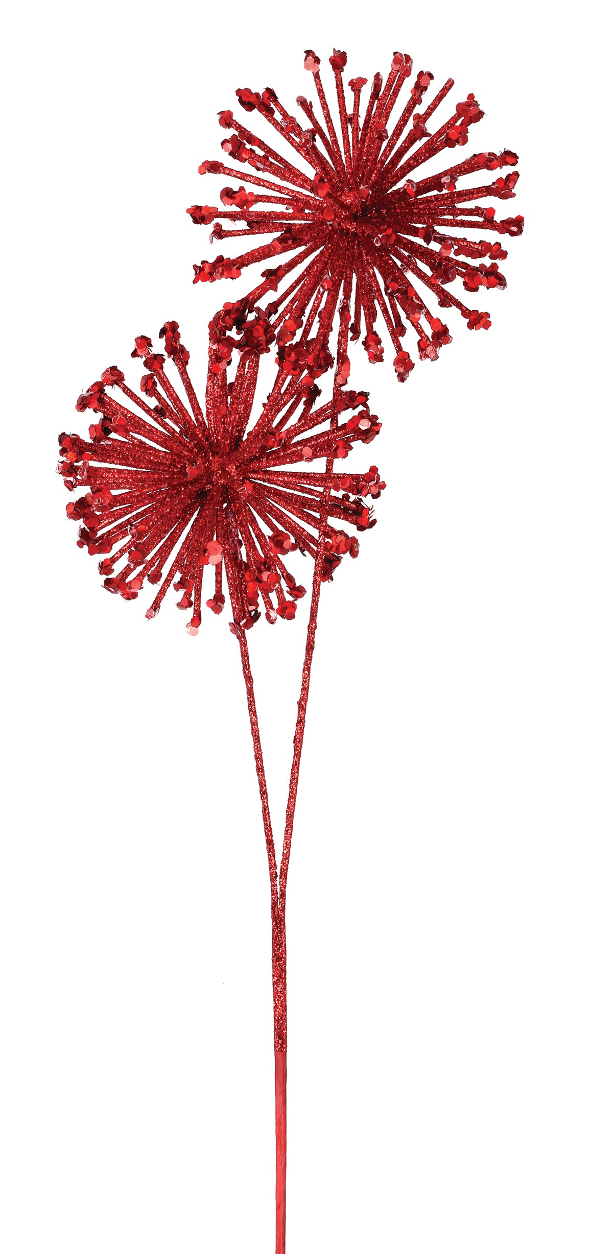 24" Red Glitter Sequin Double Starburst Ball Spray – Festive Christmas Floral Pick