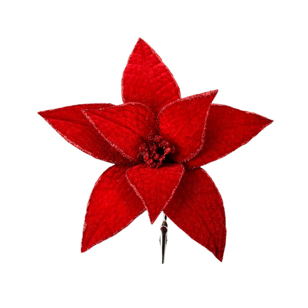 9" Dark Red Velvet Glitter Edge Poinsettia Flower Clip - Elegant Christmas Floral Decoration