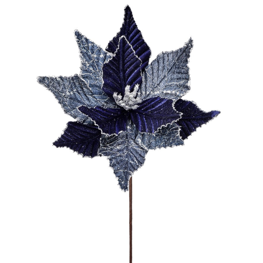 24" Blue and Silver Winter's Night Poinsettia Stem - Luxurious Christmas Floral Decoration