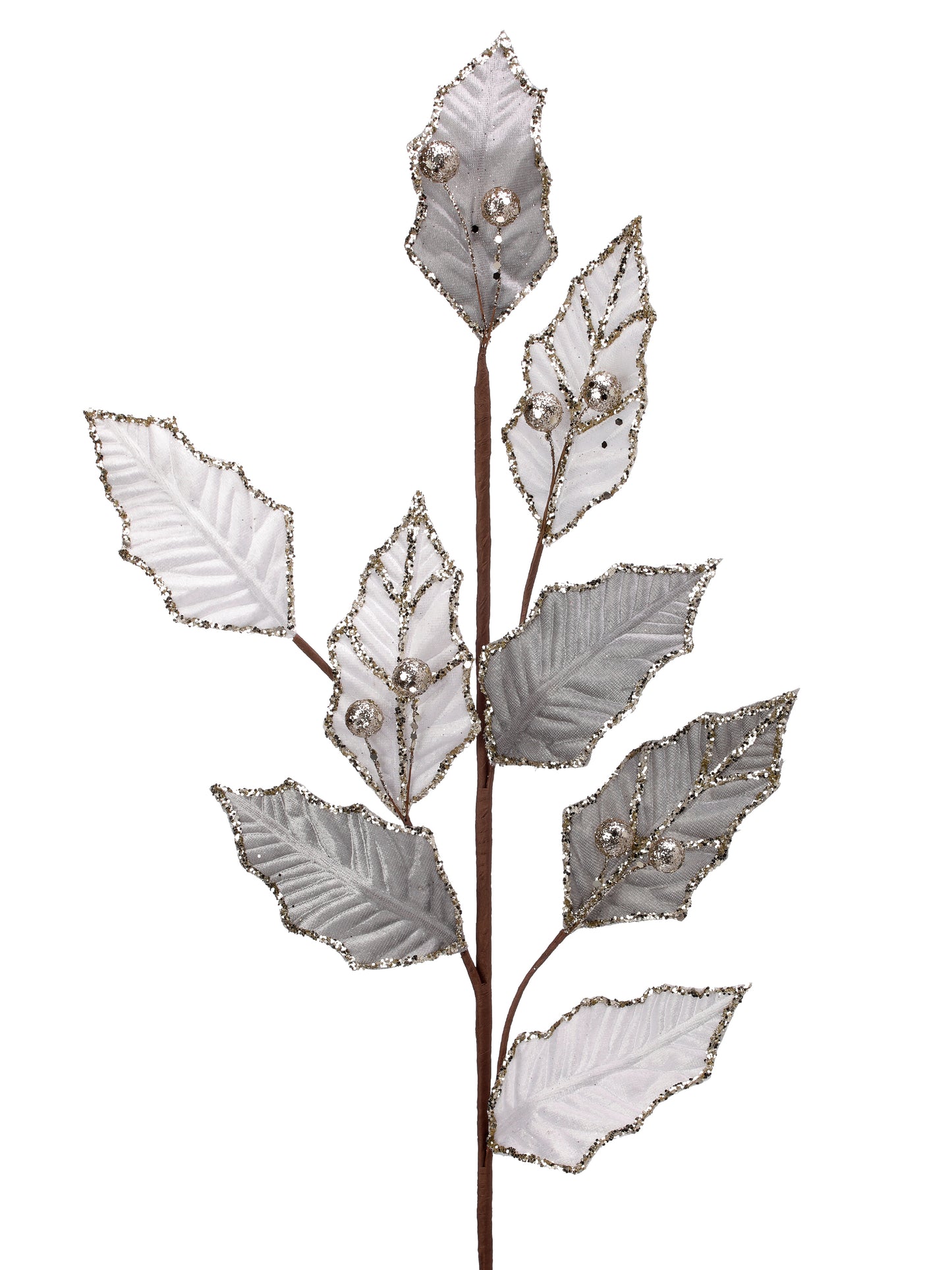 30" Glittered Silver Leaf and Berry Spray - Christmas Decor