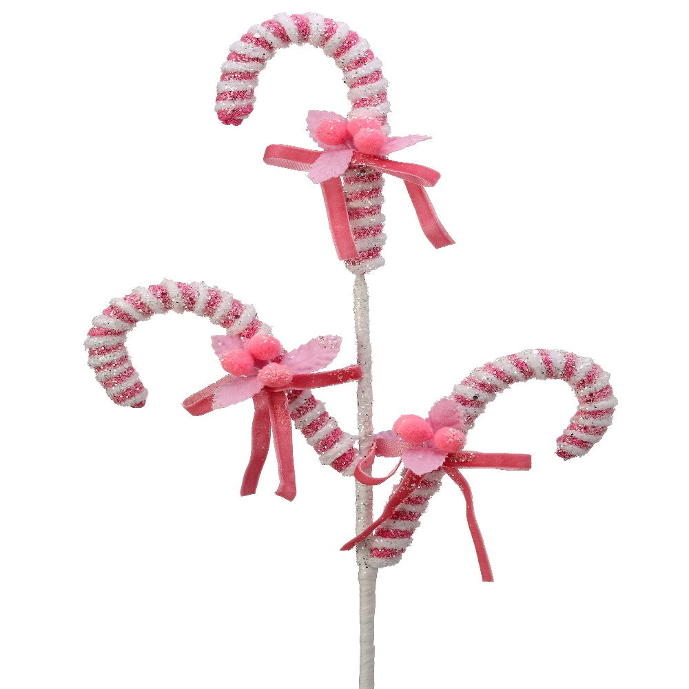 26" Pink and White Candy Cane with Pompom Holly Spray – Whimsical Christmas Decoration"