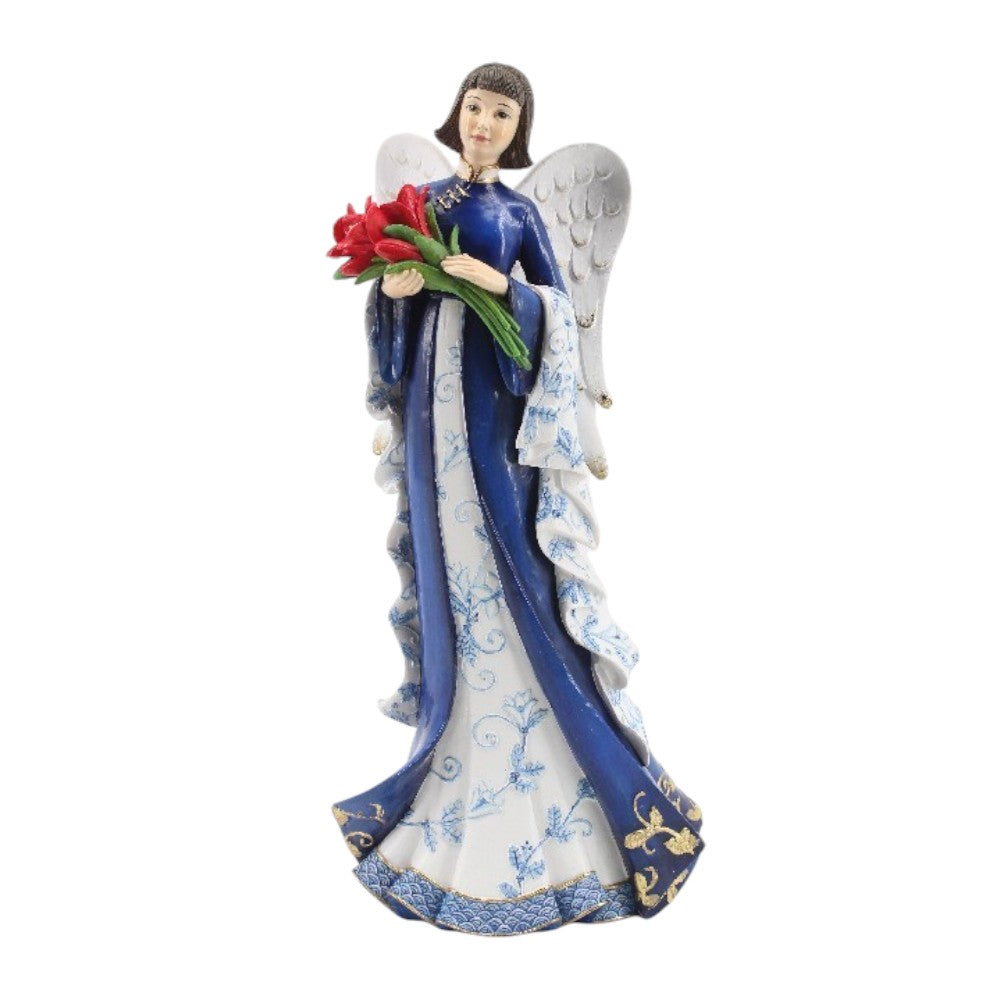 12" Asian Elegant Blue and White Angel Figurine Holding Flowers - Decorative Angel Statue