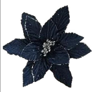 9" Navy Blue Velvet Poinsettia Stem/Pick with Silver Trim