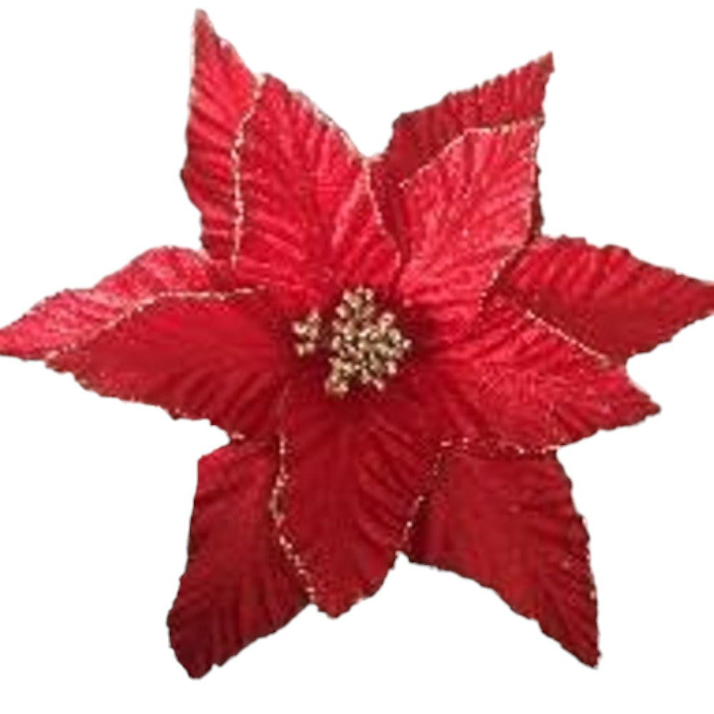 10" Red Poinsettia with Gold Accents - Luxurious Holiday Floral Pick