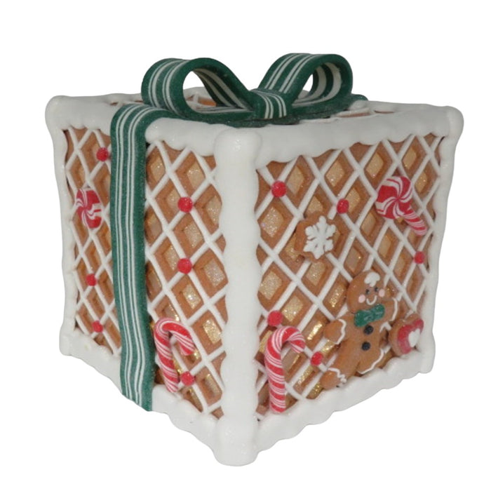 7.9" LED Gingerbread Gift Box with Green Bow – product image 1