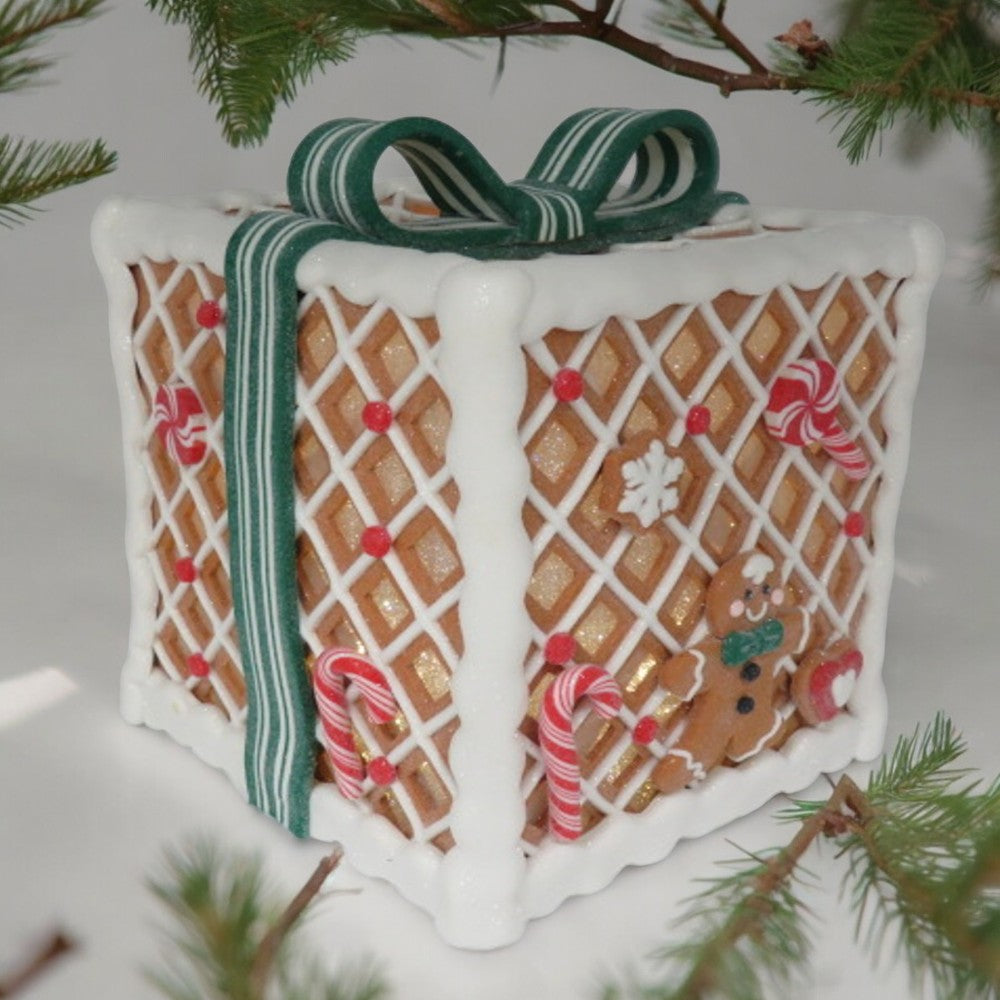 7.9" LED Gingerbread Candy Gift Box with Bow Christmas Decoration- Green