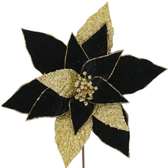 Black velvet poinsettia pick with gold glitter accents for Christmas decorating