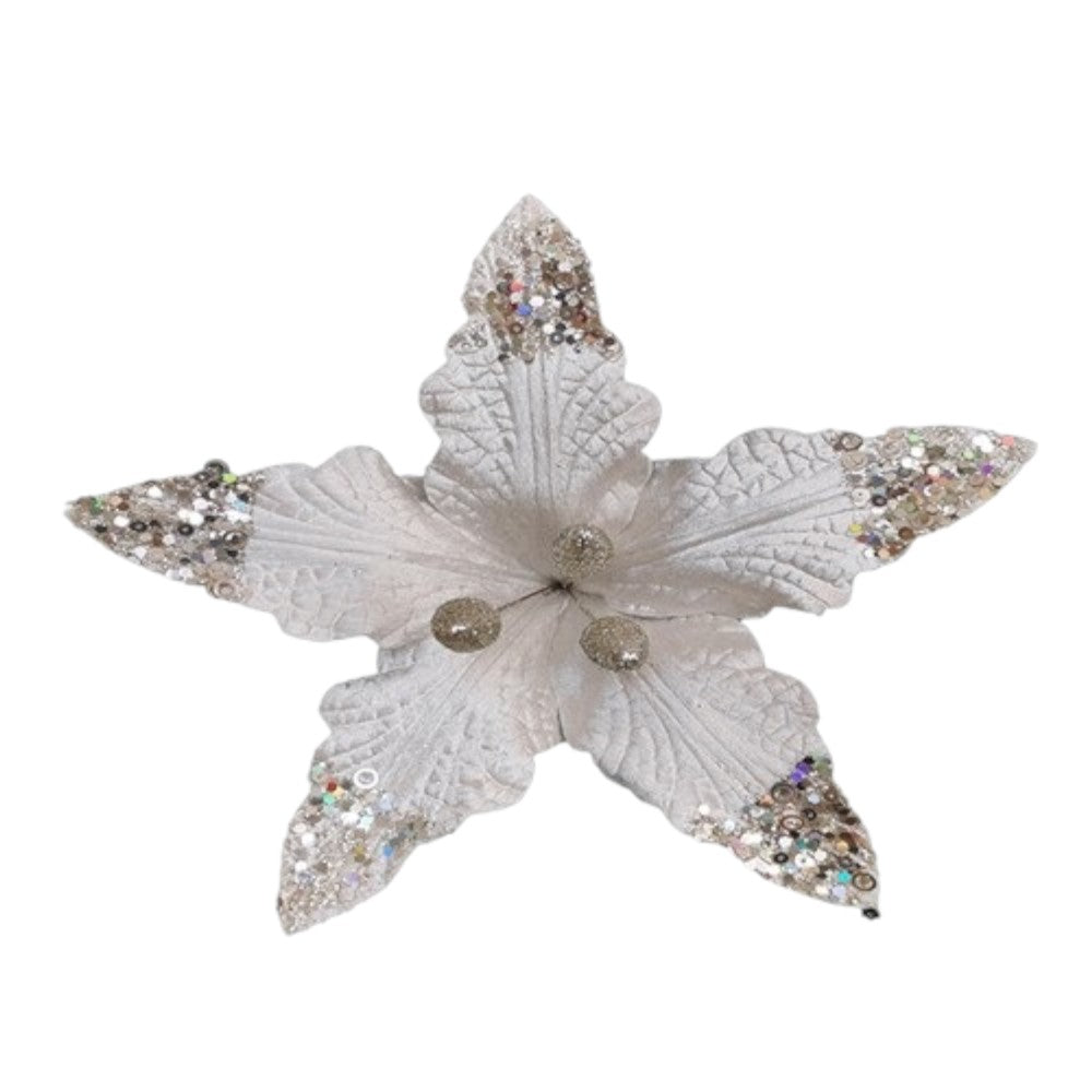 6" White Sequined Floral Pick – Elegant Christmas Tree Decoration