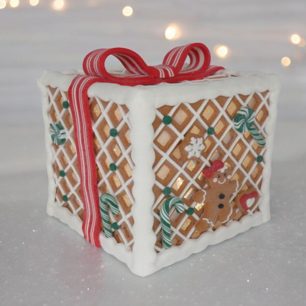 7.9" Gingerbread Candy Gift Box Christmas Decoration with Bow - Red