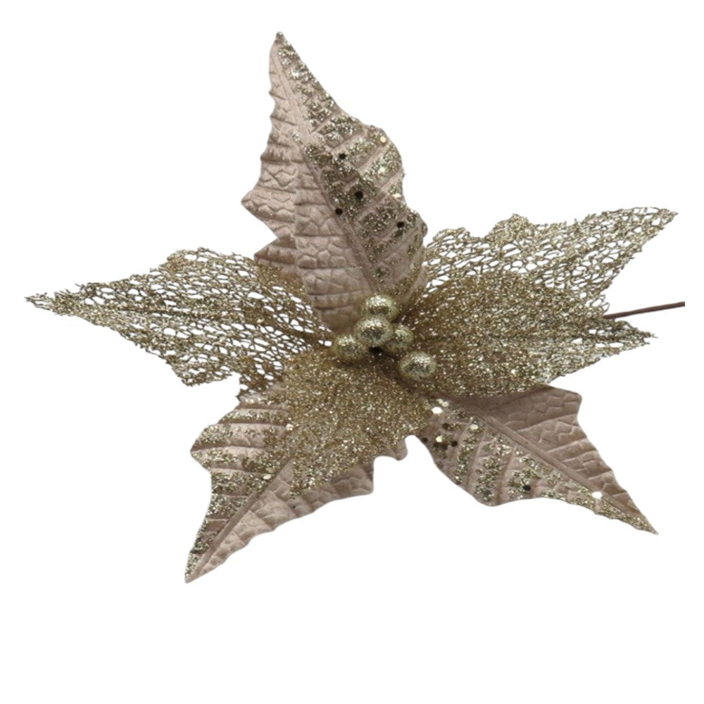 12" Champagne Velvet Poinsettia Flower with Sheer Edges – Elegant Christmas Floral Decoration