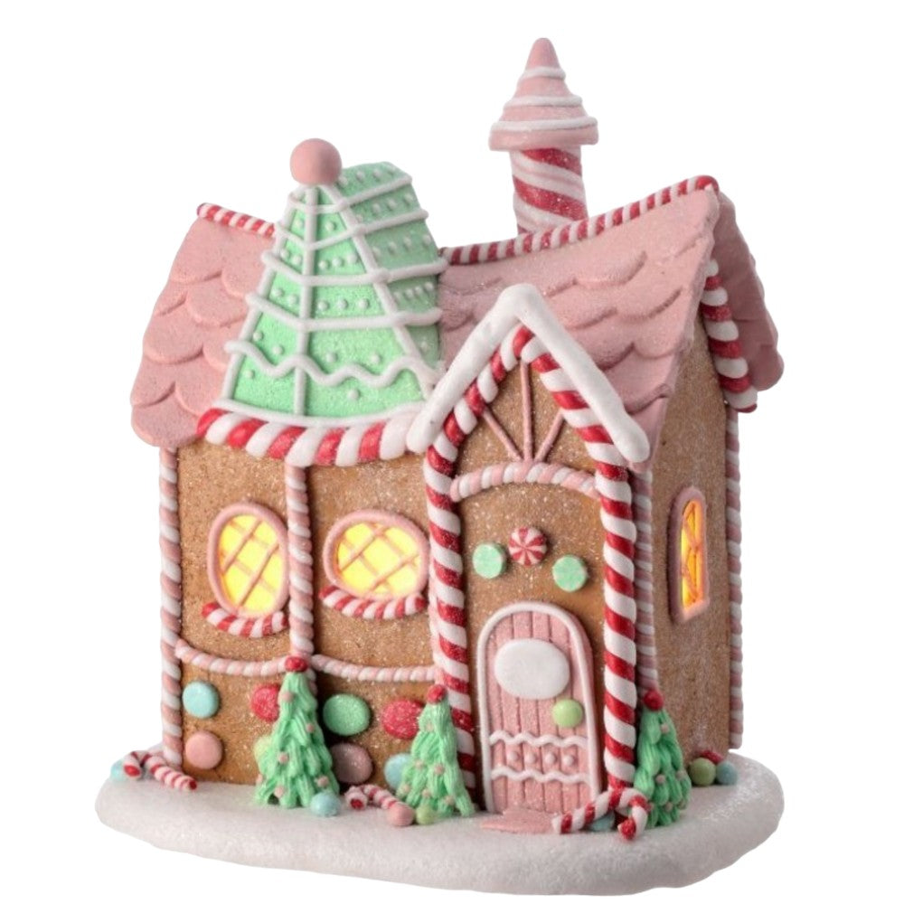 9" Pastel Swiss Gingerbread House with Timer – Festive Christmas Decoration