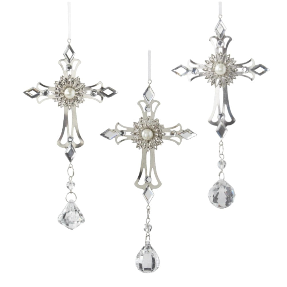 6.5” Cross Ornaments - Metal with Acrylic Pendants Elegant Christmas Decorations