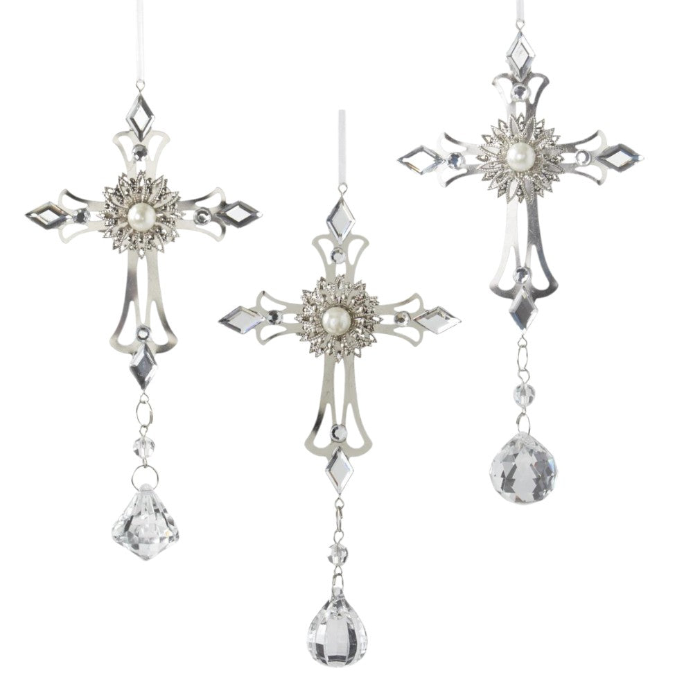 6.5" Cross Ornaments with Acrylic Pendants – Elegant Christmas Decorations- Set of 3 PCS