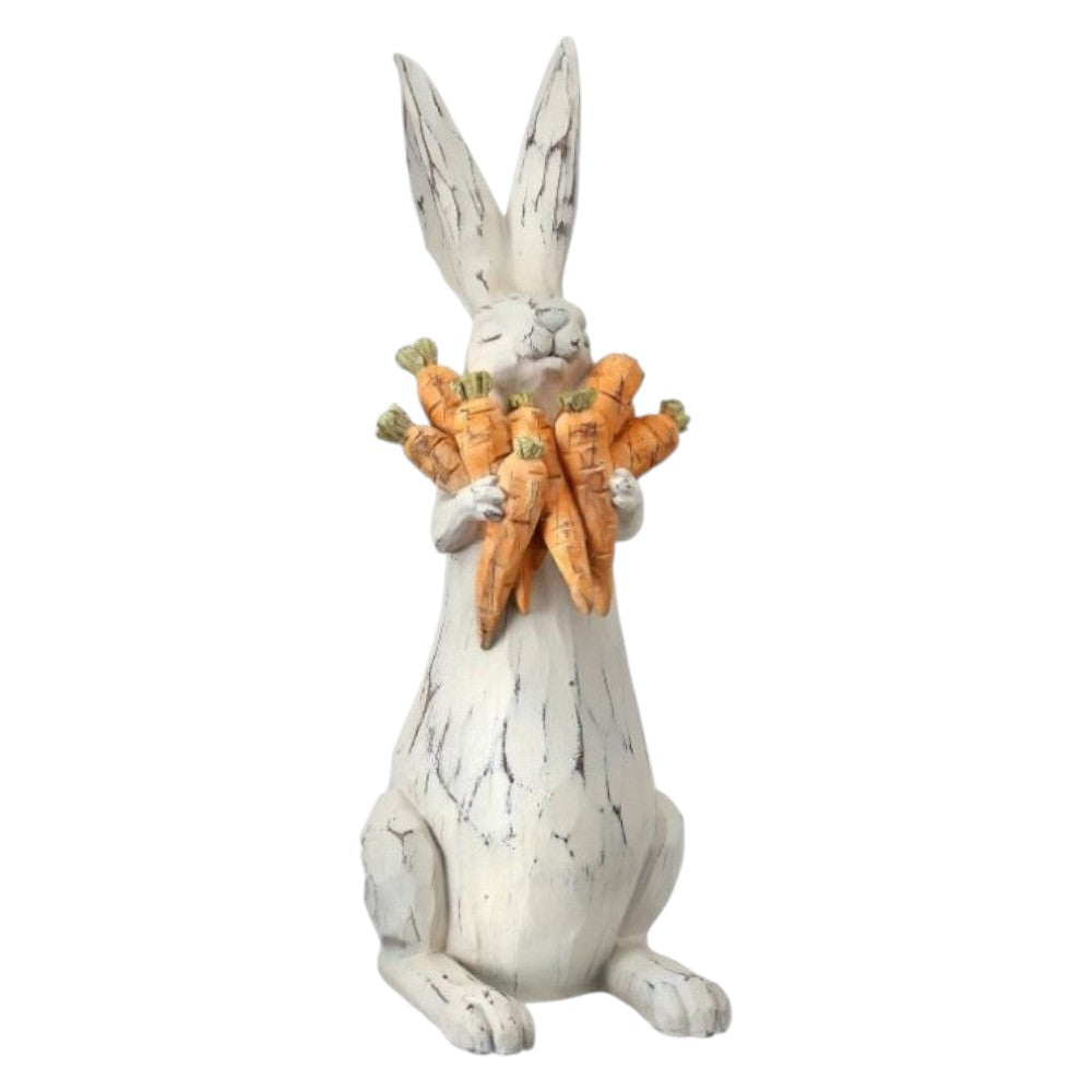 17.5" Handcrafted Bunny with Carrots Figurine – Distressed White Rabbit Spring Decor