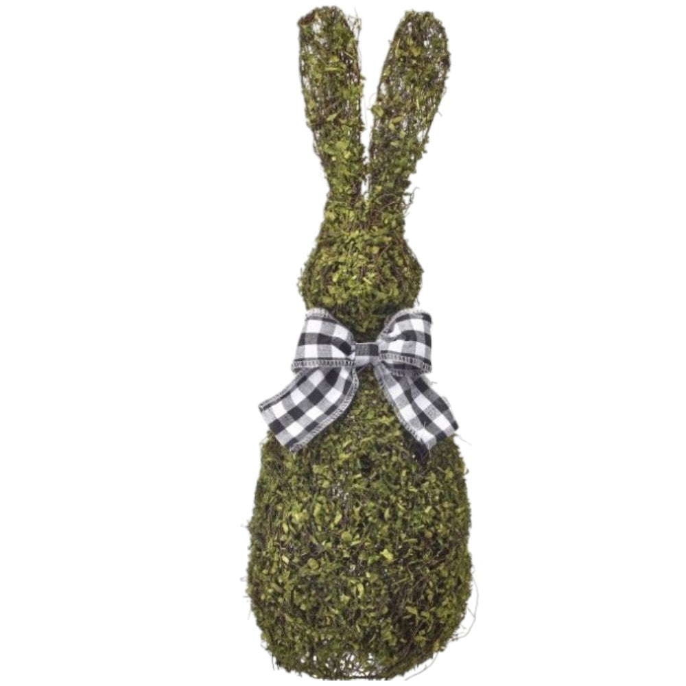 21" Moss Bunny Figurine with Gingham Bow – Rustic Easter Spring Decoration