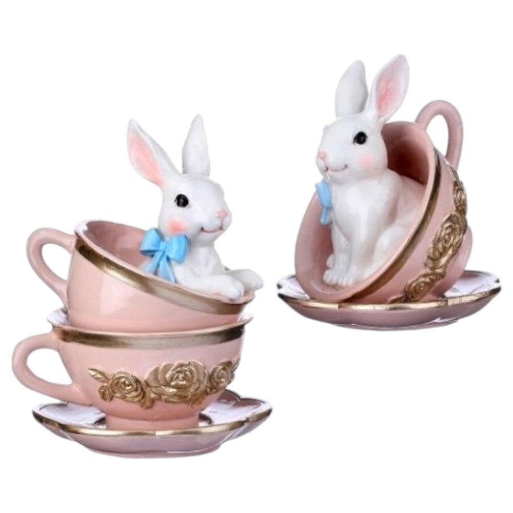 5.5-6.5" Handcrafted Bunny in Teacup Figurine Set – Pink & Gold Spring Decor Set
