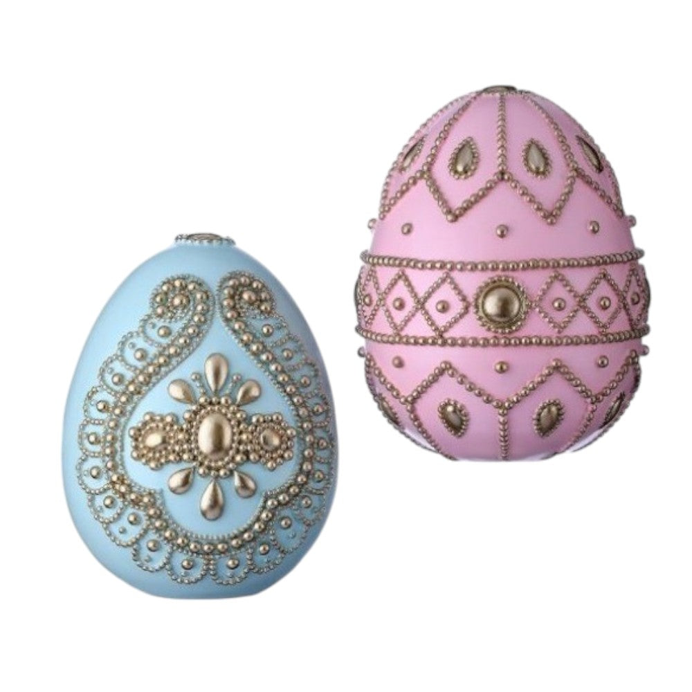8" Handcrafted Jeweled Easter Egg Figurine Set – Pink & Blue Ornate Spring Decor