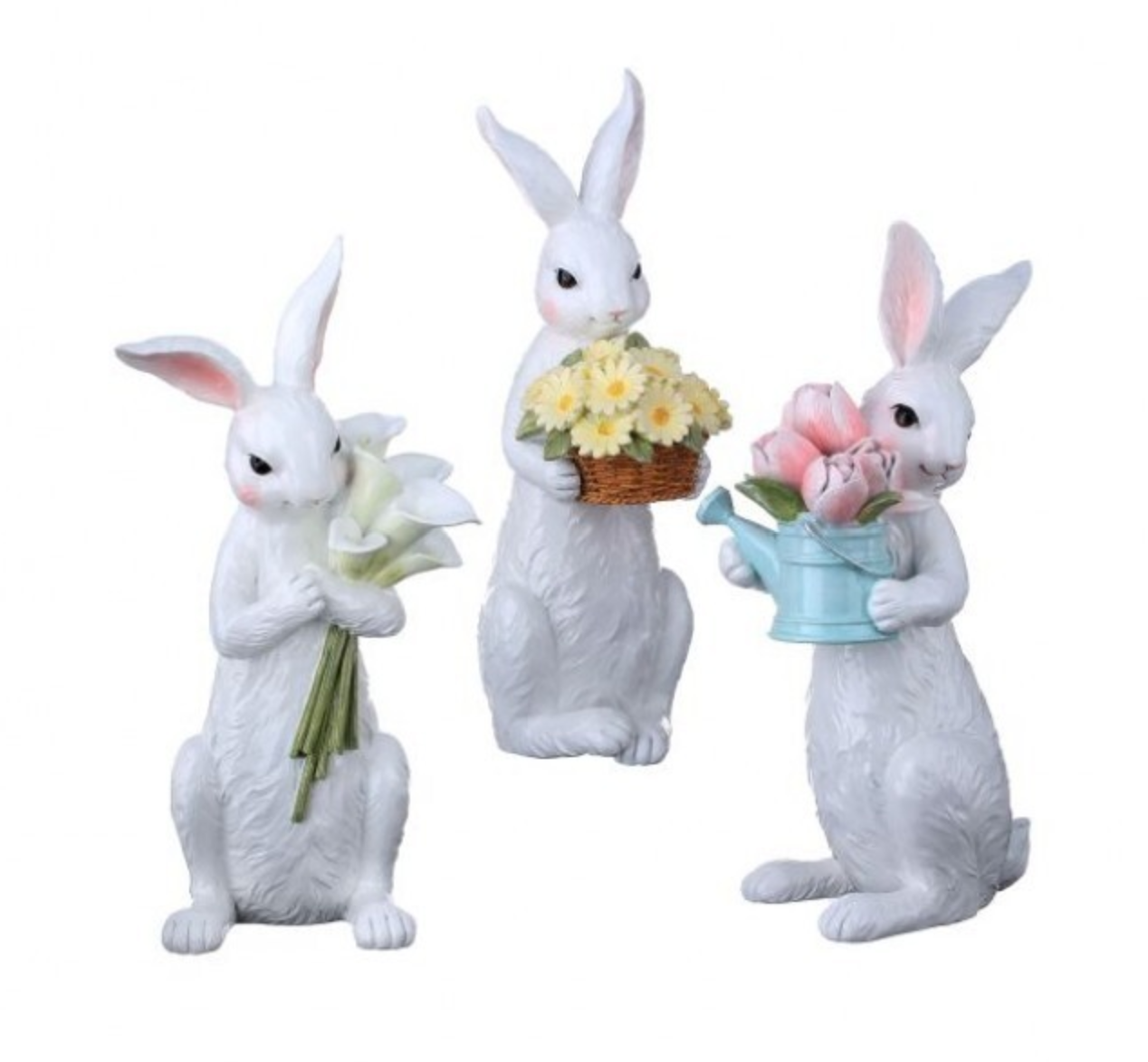 11.5" Handcrafted Spring Bunny Figurine Set – White Rabbits with Flowers