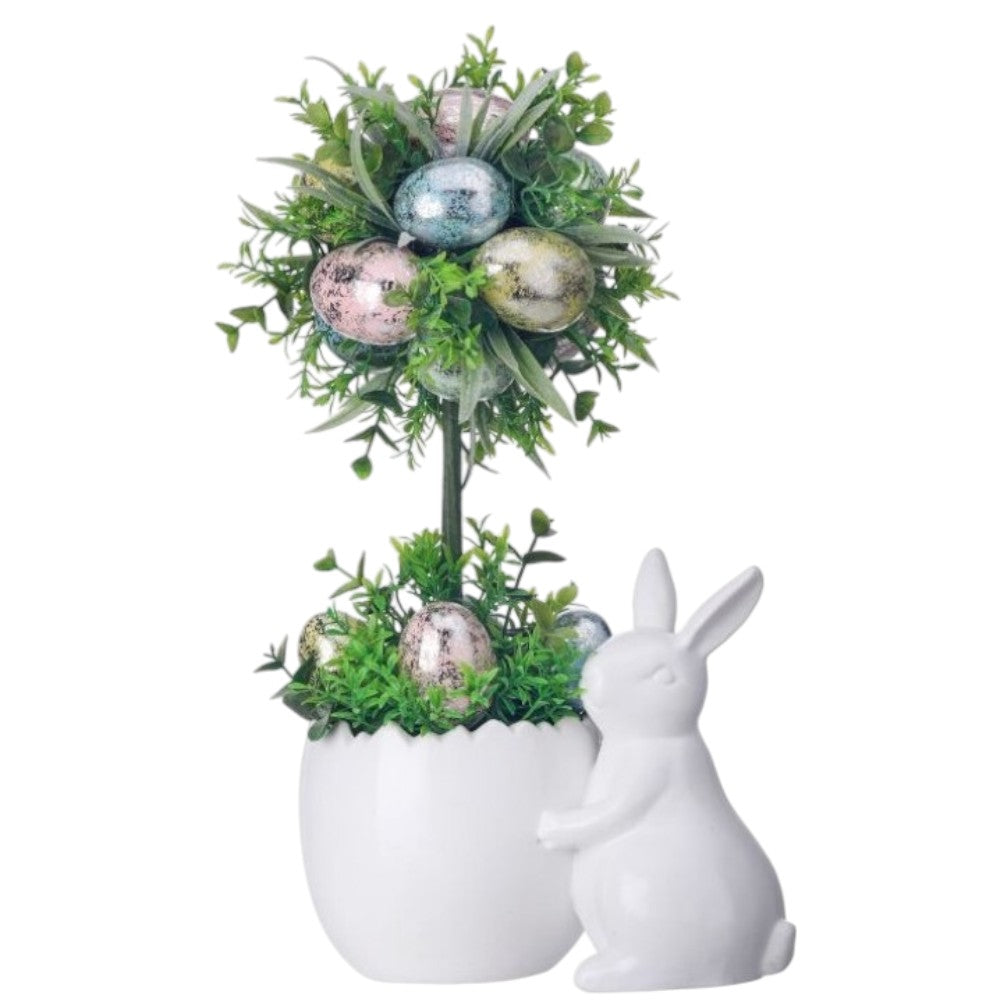 16" Ceramic Bunny Pot with Egg Topiary – Elegant Easter Decoration